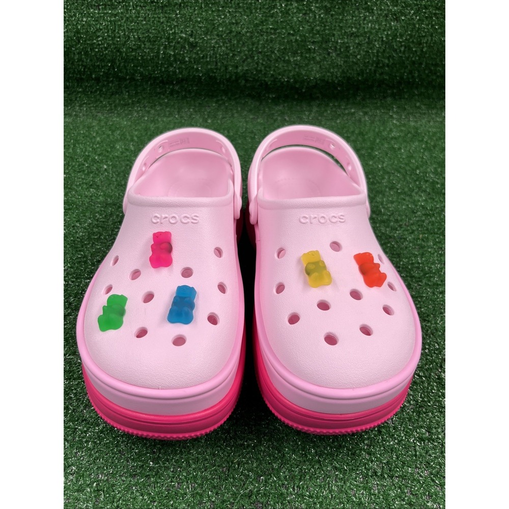 Crocs Classic Stacked Clog 3 Tone Pink With Gummy Bear Jibbitz Womens 8 NWT